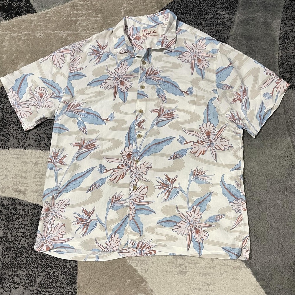 Kahala Button Up Shirt Men XL White Blue Floral Bird of Paradise Aloha Resort